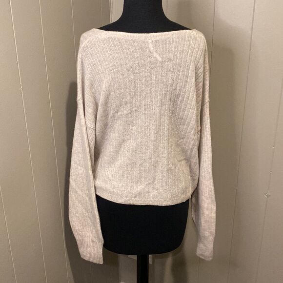 Free People Small Knit Heather Grey Oversized Sweater Wide V Neck - Picture 4 of 6